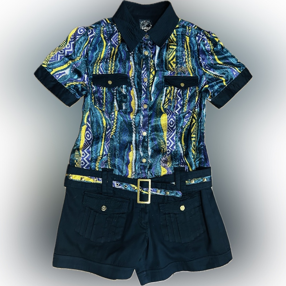 EUC Coogi SZ 9/10 black/multicolored rare vintage romper/removable belt/bust 38” - Picture 2 of 11